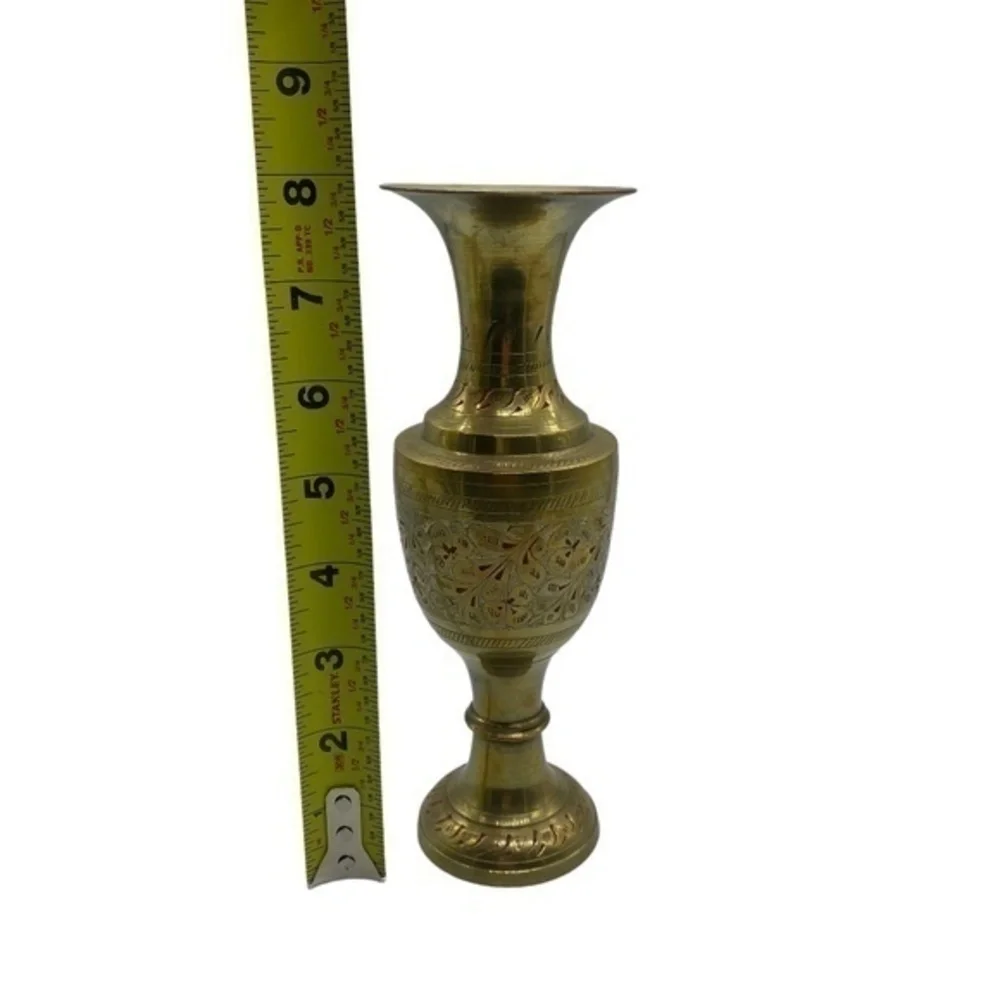 Brass Etched with White and Red Inlay Leaf Pattern Vase